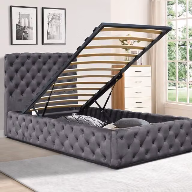 Comfy Living Chesterfield Tufted Velvet Fabric Gas Lift Ottoman Bed Frame, Grey, W: 90 cm, D: 190 cm
