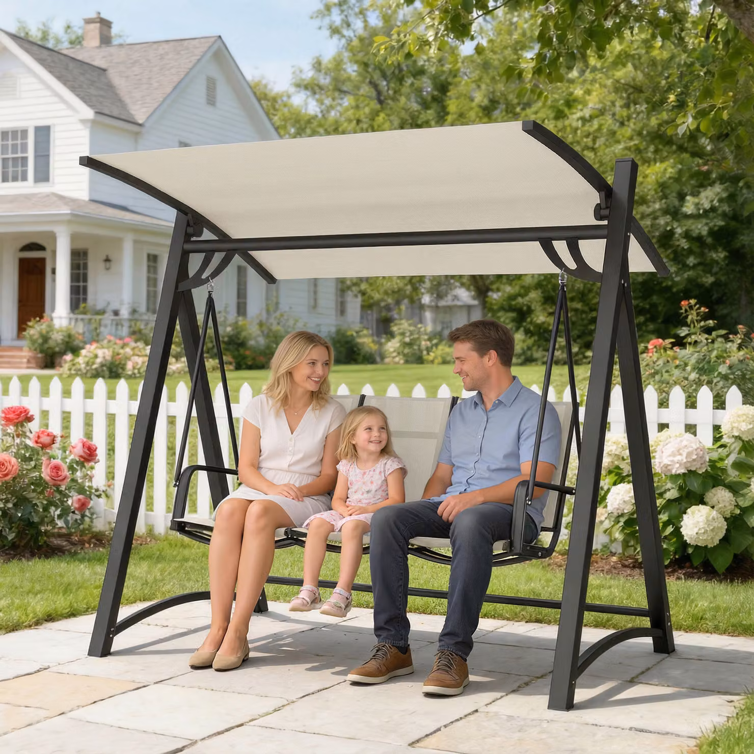 Outsunny 3 Seater Garden Swing Bench with Adjustable Sun Canopy in White – 2