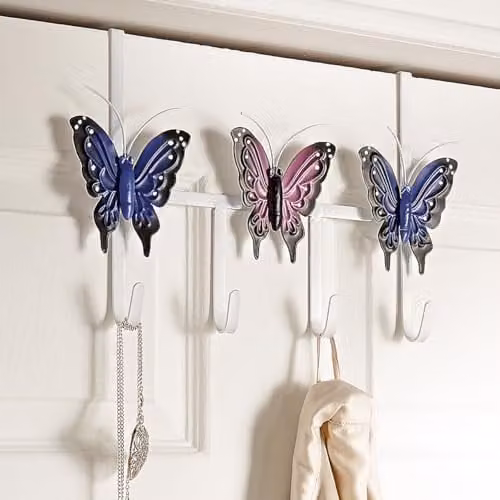 mysmartbuy Butterfly Design Metal Over-the-Door Hanging Hooks in Pink and Multicolour, H21 x W30 x D5 cm
