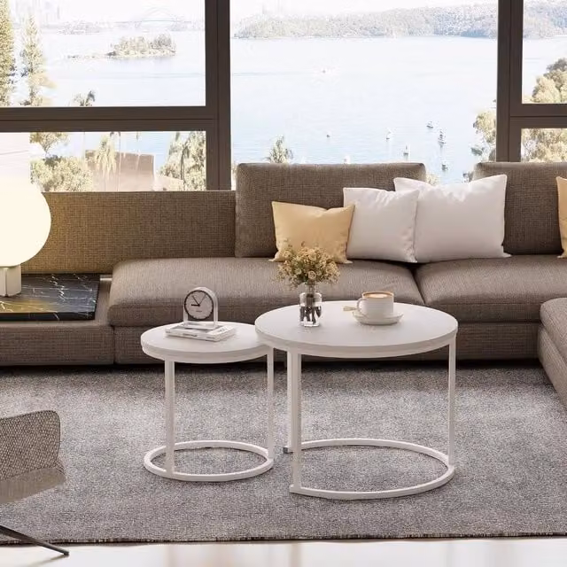 Huhote Set of 2 Round Nesting Side Tables with Matt White Metal Frame