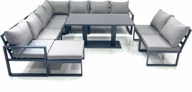 Fimous 10 Seater Outdoor Garden Furniture Set with Corner Sofa, Big Footstool and Height Adjustable Dining Table in Dark Grey