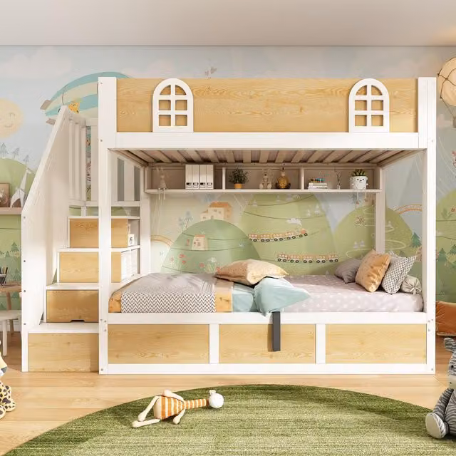 Aosom UK Cabin-Style Bunk Bed with Staircase Cabinet and Underbed Storage for Kids, Natural and White, W/D/H: 243 x 95 x 152 cm – 1