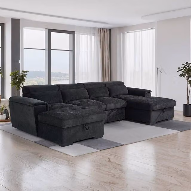 Furnishings For Less UK Large 5 Seater Black Fabric U Shaped Sofa Bed with Tilting Headrest and Storage