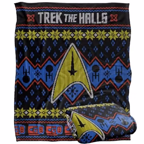 LOGOVISION Star Trek The Halls Ugly Christmas Sweater Super Soft Microfibre Fleece Throw Blanket, White, W/D/H: 152 x 127 cm