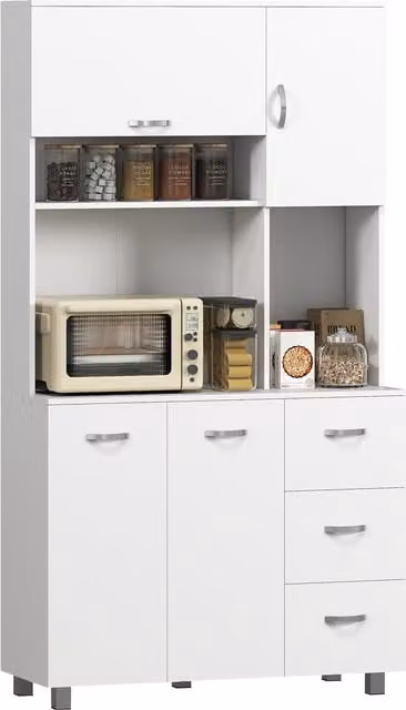 HOMCOM White Freestanding Kitchen Storage Unit with Cupboard, Drawers and Open Shelves, H 183.5 x W 100 x D 40 cm