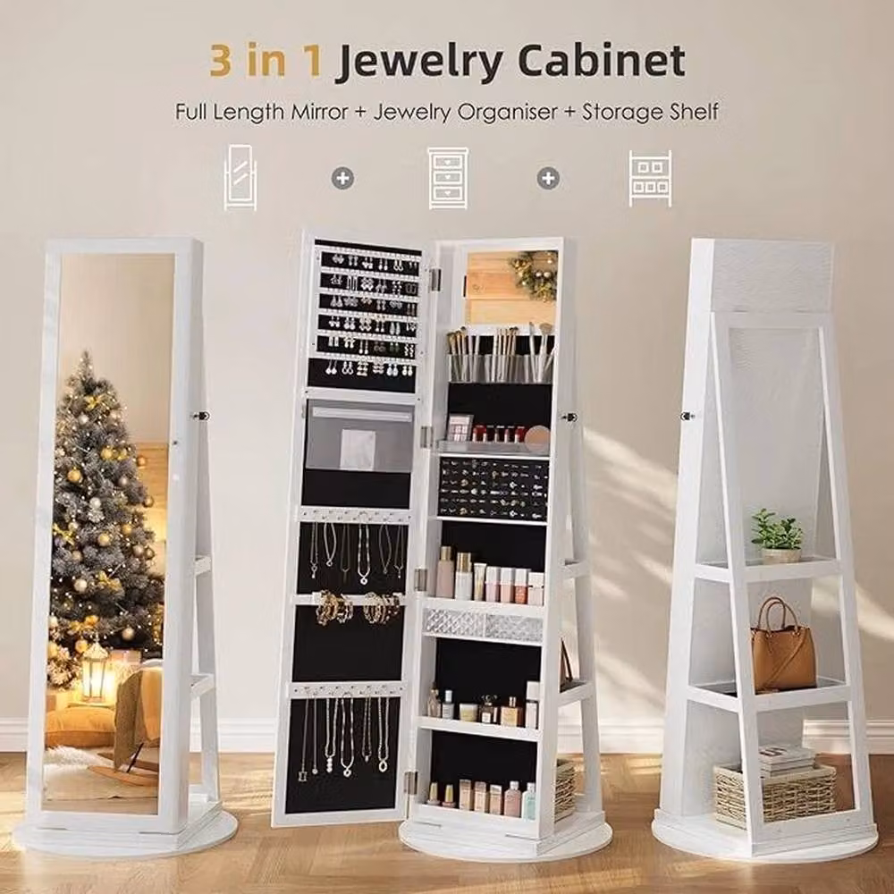 PAWNORA White Full Length Mirror and 360 Swivel Jewellery Cabinet – 3
