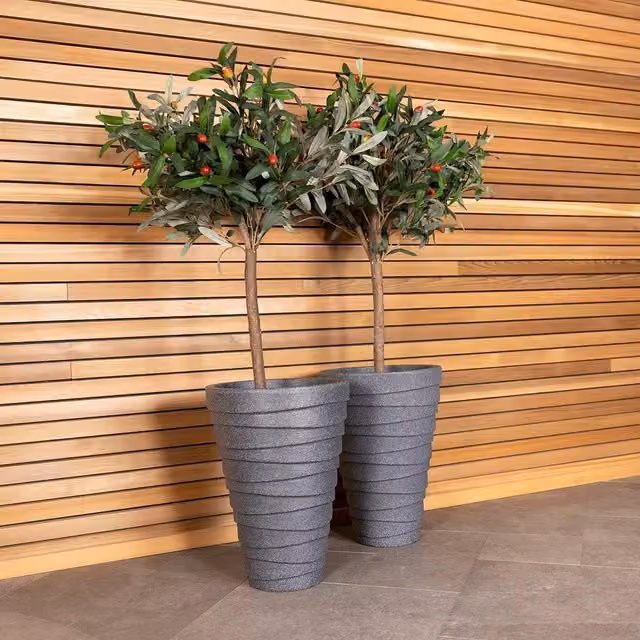 Charles Bentley Pair of Trojan Round Granite Planters, Grey Plastic, Dia: 33 cm
