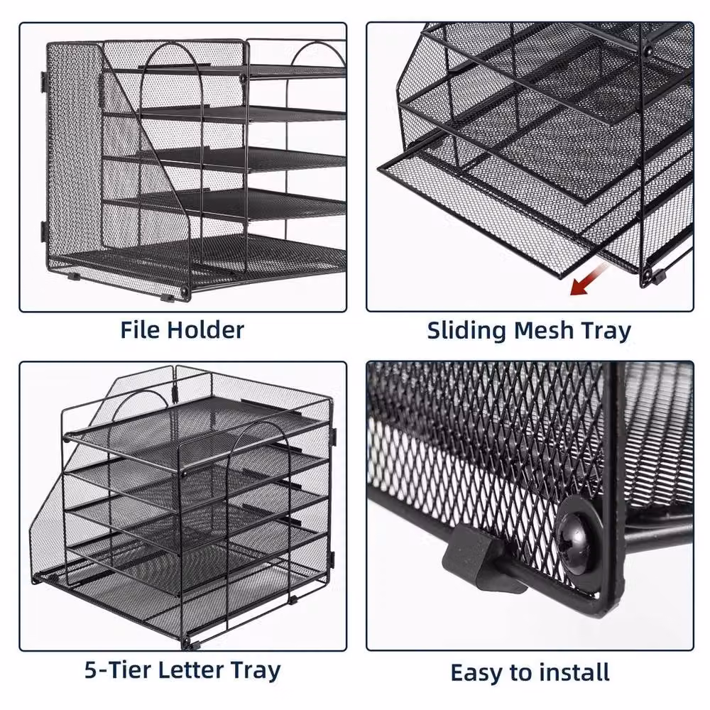 FORGEVIO Black Metal 5-Tier Desk Organiser with File Holder and Letter Tray – 5