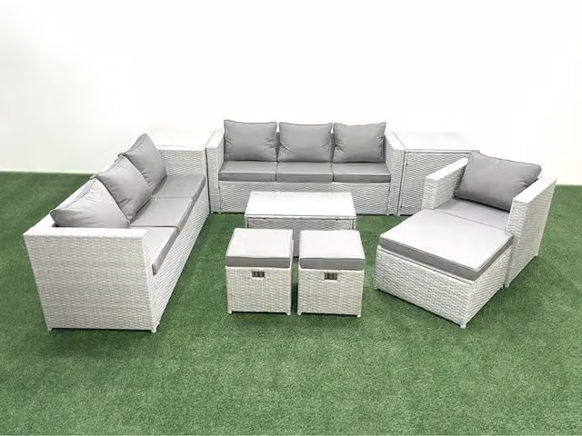 Fimous PE Rattan Garden Sofa Set in Light Grey Mixed with 2-Seater Sofa, Armchair, Ottoman and Coffee Table