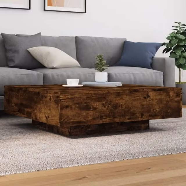 Berkfield Home Modern Square Coffee Table with LED Lights in Smoked Oak Brown, W: 100 cm, D: 100 cm, H: 31 cm – 1