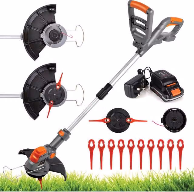 Terratek 20V 2-in-1 Cordless Electric Grass Strimmer and Trimmer with Rechargeable Battery and Telescopic Handle, Grey