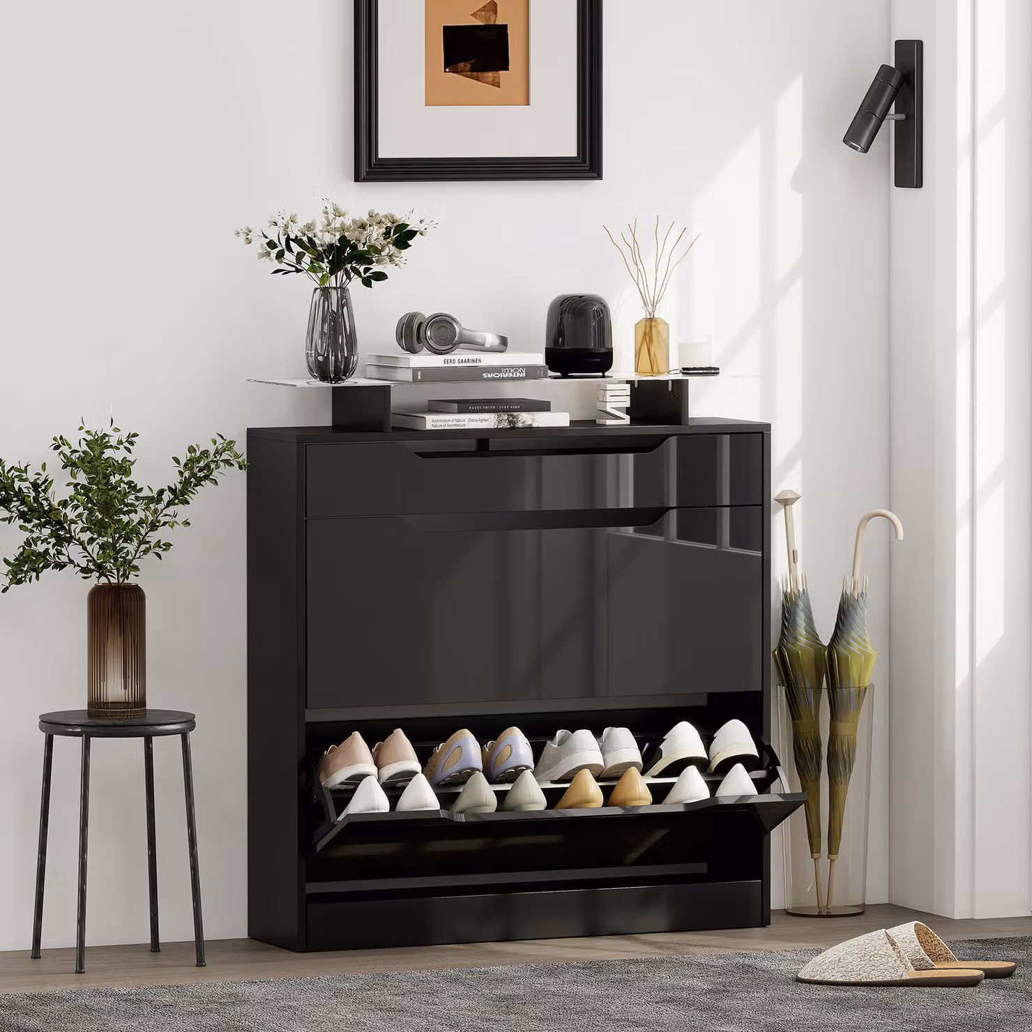 HOMCOM Modern Black Shoe Storage Cabinet with Tempered Glass Top, Tilting Compartments and Internal Shelves – 2
