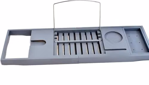 MantraRaj Extendable Bamboo Bath Tub Caddy Tray with Tablet and Mug Holder in Grey