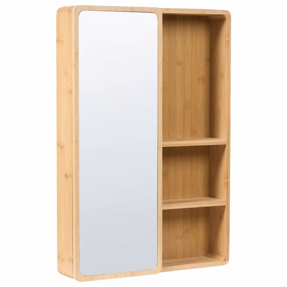 Wyld and Coco Bamboo Bathroom Sliding Mirror Door with LED Lighting and Internal Shelves, Brown, W: 41 cm, D: 9 cm, H: 61 cm – 2