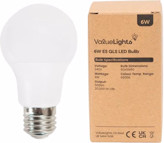 ValueLights 4 Pack E27 White LED GLS Light Bulbs, 6W, 500lm, Cool White 6500K