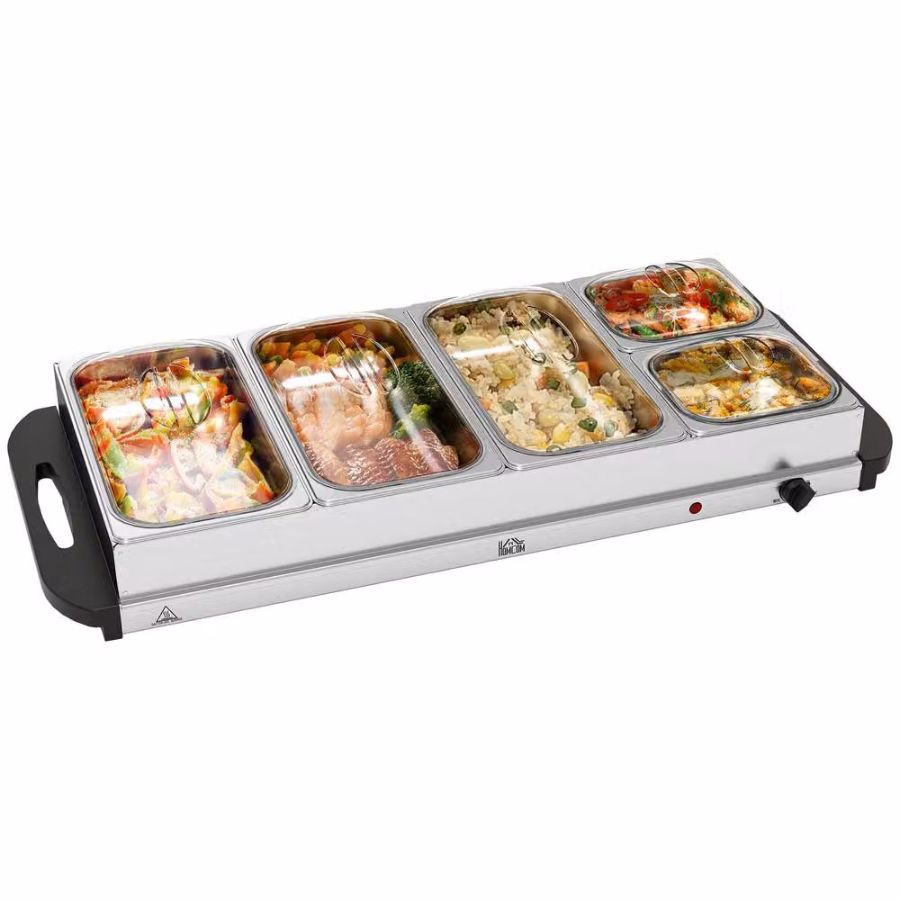 HOMCOM Electric 5 Tray Buffet Server Food Warmer with Lids, 9.2L, Silver – 2