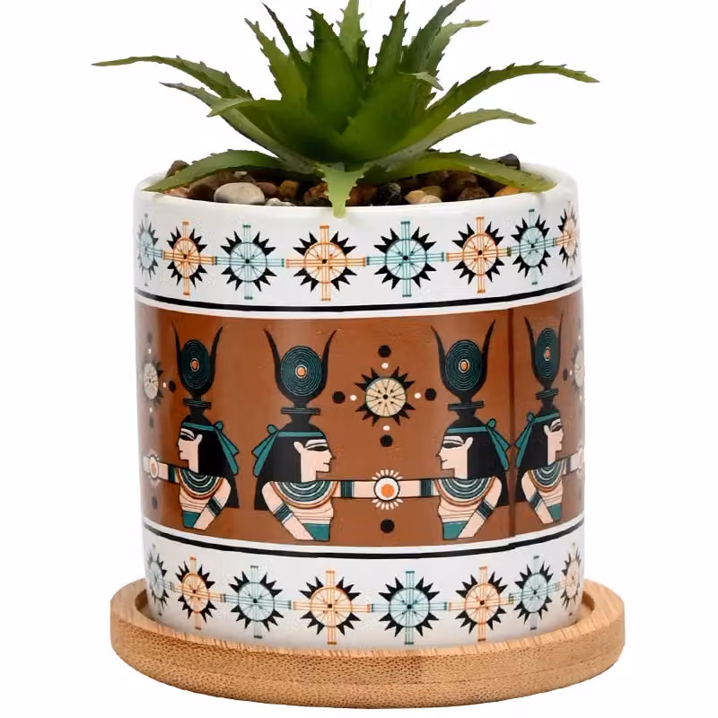 Simpa 6-Piece Egyptian Pattern Ceramic Plant Pots with Bamboo Bases in Multicolour – 3