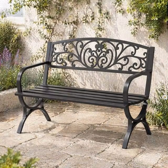 STILVORA 2-Seater Garden Bench with Black Matt Steel Frame