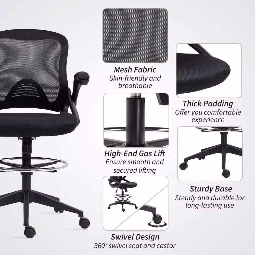 STILVORA Black Fabric Drafting Chair with Flip-up Armrests and Foot Ring – 4