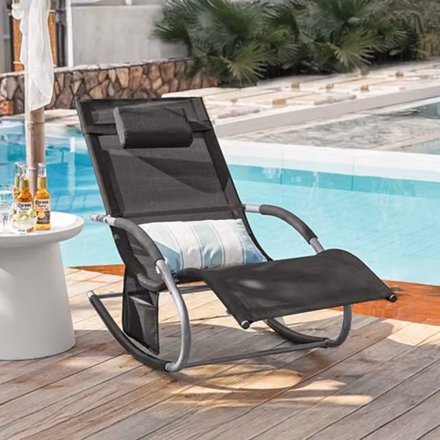 SoBuy Outdoor Garden Rocking Sun Lounger Recliner with Adjustable Headrest and Armrests in Black