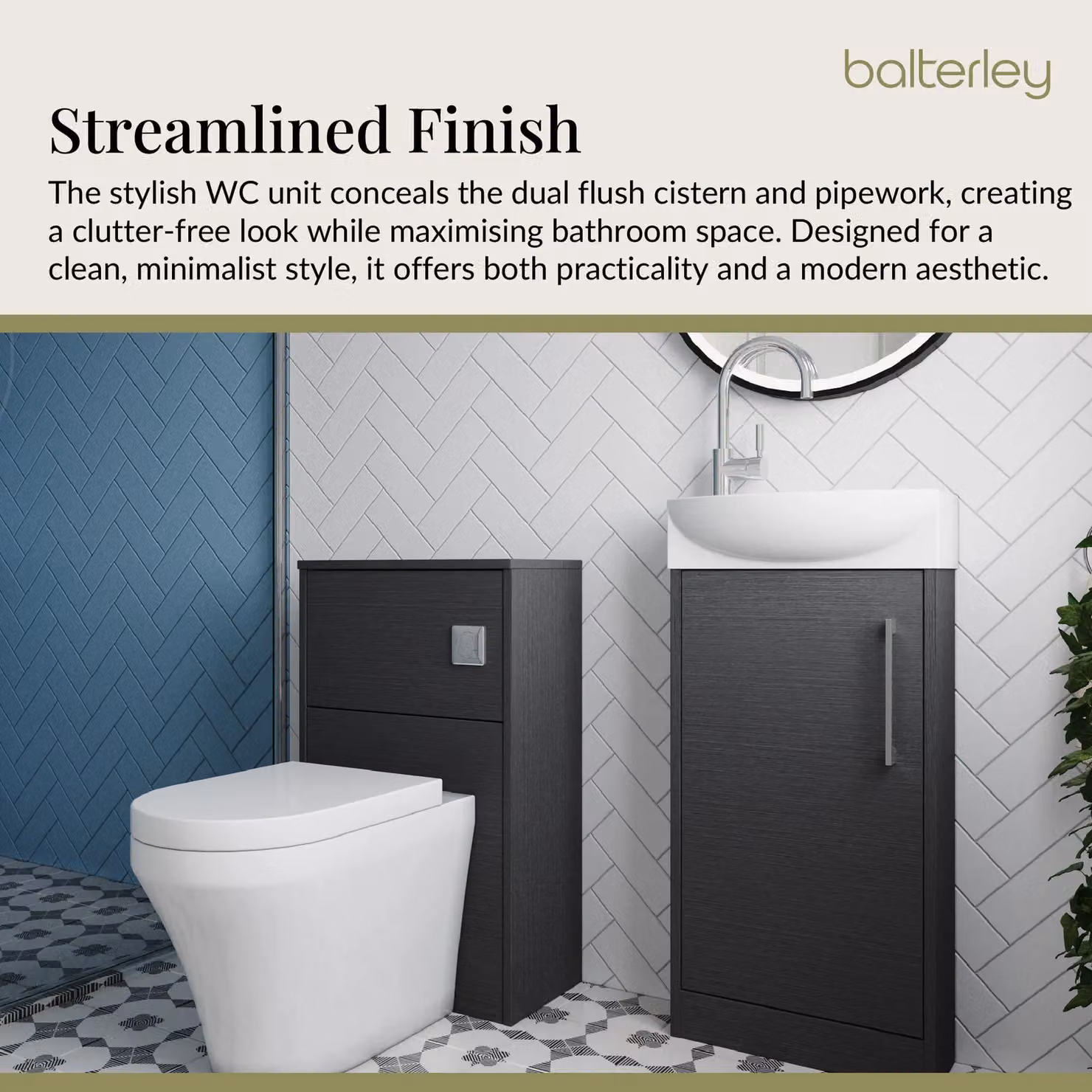 Balterley Right Hand Cloakroom Suite with Vanity, WC, and Tap Set in Matt Grey, Width: 44 cm – 3