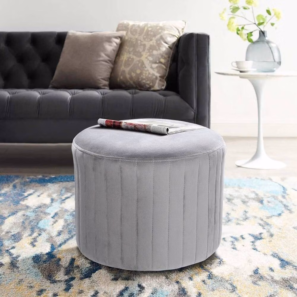 KORVIXA Round Velvet Ottoman Footstool in Grey, W/D/H: 40 x 40 x 30 cm – 2