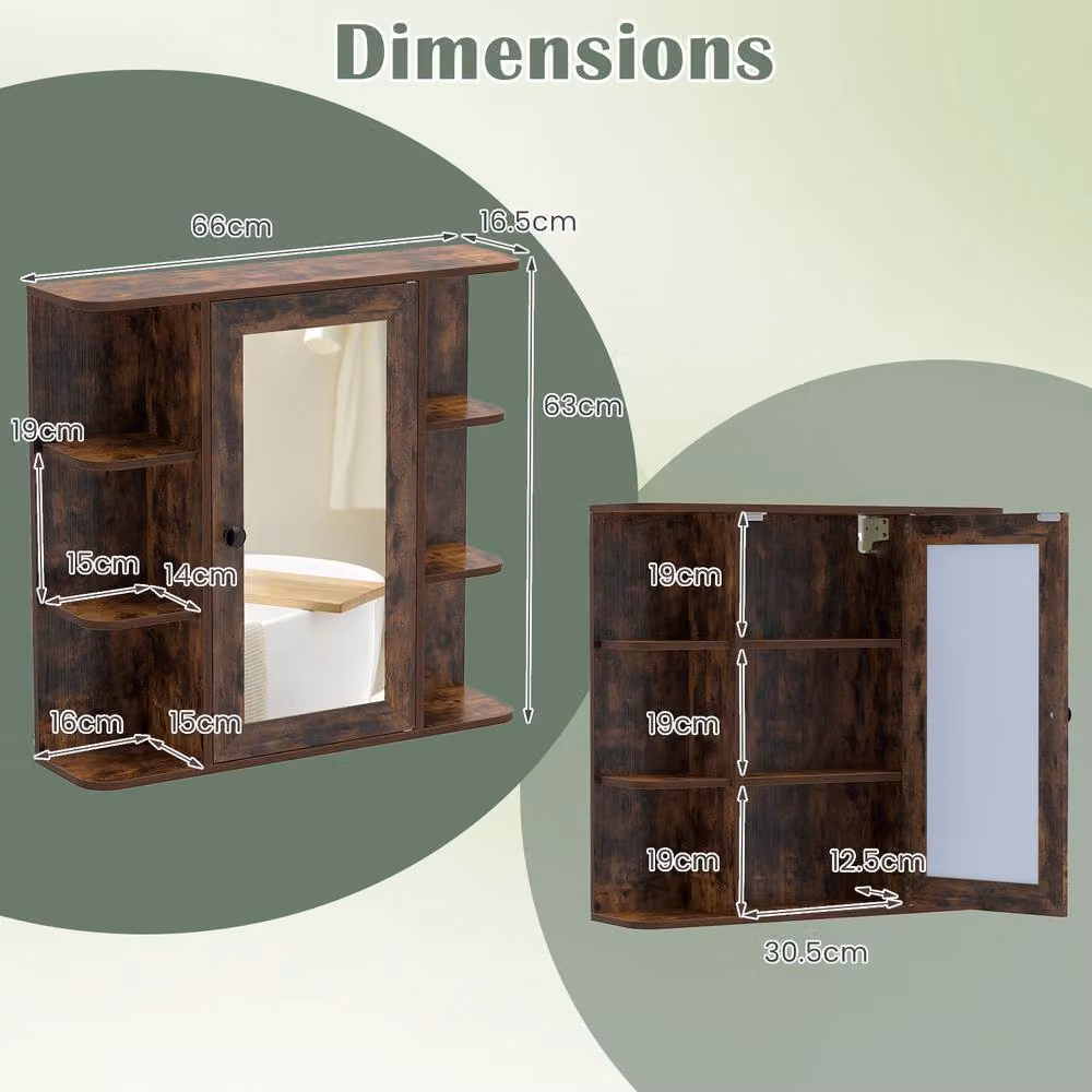 Gymax Wall Mounted Brown Modern Bathroom Medicine Cabinet with Mirror and Internal Shelves – 2