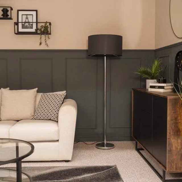 ValueLights Charlie Chrome Floor Lamp with Grey Fabric Cylinder Shade – 1