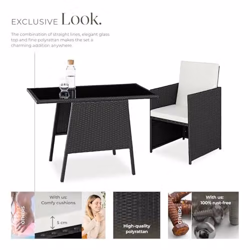 tectake Rattan Bistro Set with 2 Chairs and 1 Glass Top Table in Black – 3