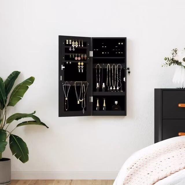 Berkfield Home Wall Mounted Mirror Jewellery Cabinet in Black, W: 30 cm, D: 8.5 cm, H: 67 cm