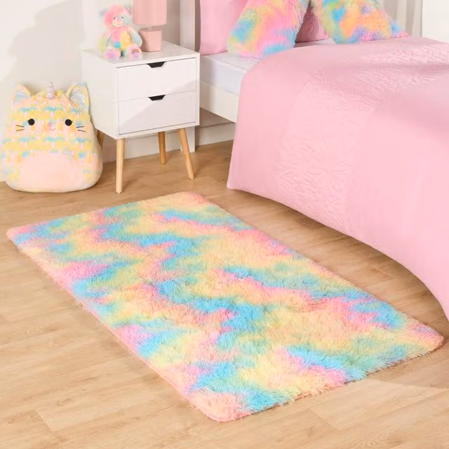 Sienna Abstract Boho Tie Dye Fluffy Shaggy Rug, Multicolour and Pink, W: 80 cm