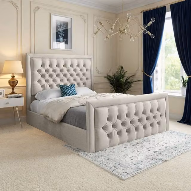 Casani Silchester Upholstered Velvet Designer Bed Frame in Beige, W/D/H: 200 x 137 x 189 cm – 1