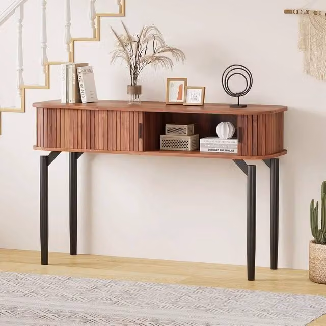 VOGREX Modern Fluted Wooden Console Table with Storage Sliding Door in Black, Brown or Multicolour