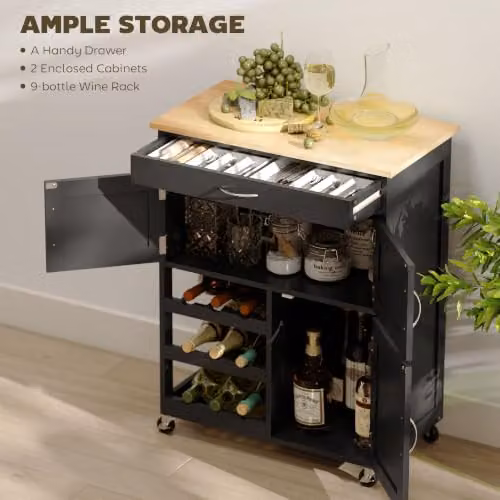 HOMCOM Modern Kitchen Trolley Rolling Island Storage Cart with Drawer, Black, W/D/H: 67.0 x 37.0 x 87.0 cm – 3