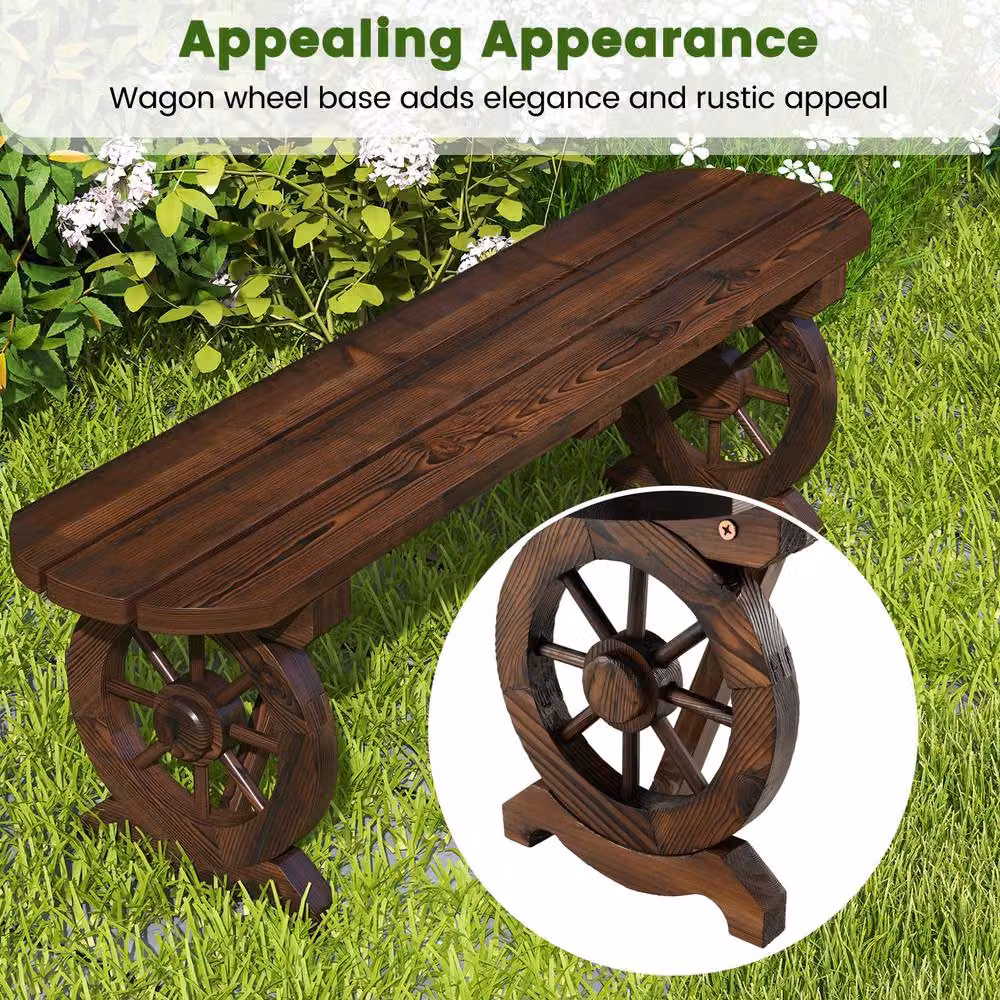 Costway 2-Seat Curved Garden Dining Bench in Brown Carbonised Wood with Wagon Wheel Base – 4