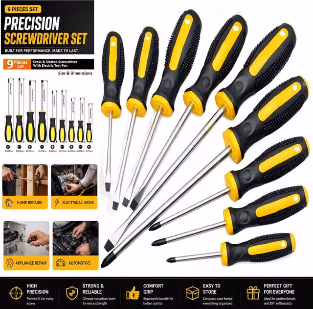 ATEK 9 Piece Magnetic Screwdriver Set in Black with Chrome Vanadium Steel and Insulated Soft Grip Handles – 1