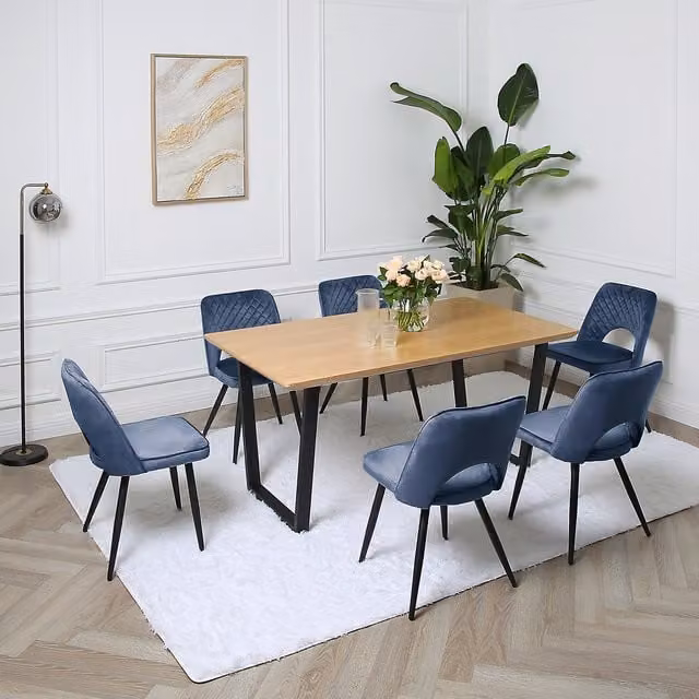 Home Garden Direct Modern Oak Veneer Rectangular Dining Set with 7 Chairs in Blue and Black