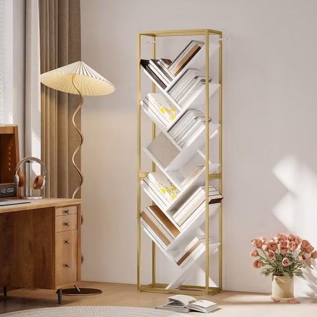 HOMCOM 10 Tier Tree Bookshelf, Modern Freestanding Ladder Bookcase in White and Gold Tone