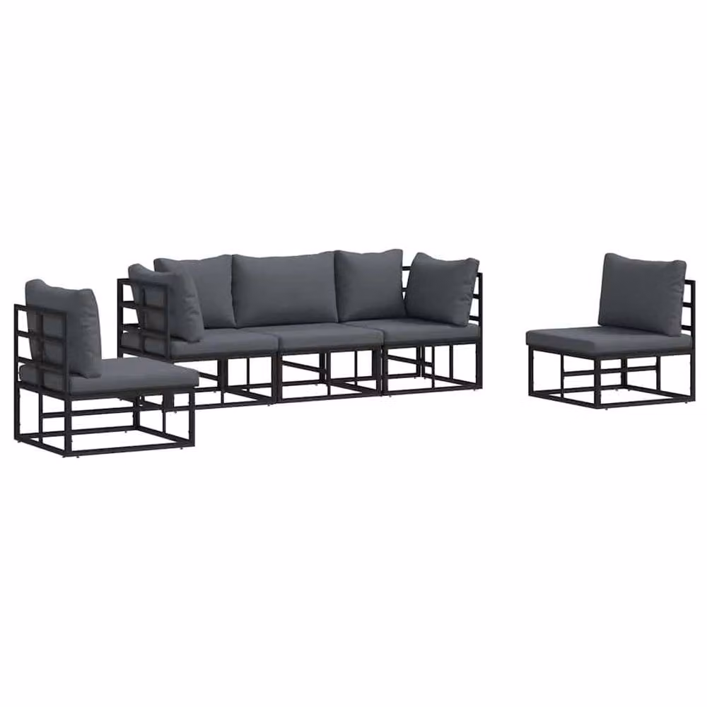 Berkfield Home 5-Piece L-Shape Garden Sofa Set with Grey Cushions and Scatter Pillows in Black Powder Coated Aluminium – 2