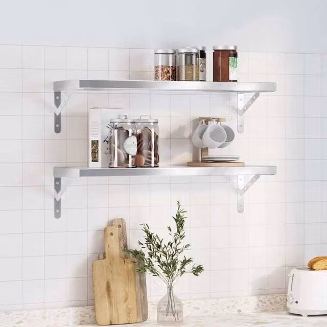 Berkfield Home Set of 2 Silver Stainless Steel Wall Mounted Shelves, W: 75 cm, D: 23.5 cm
