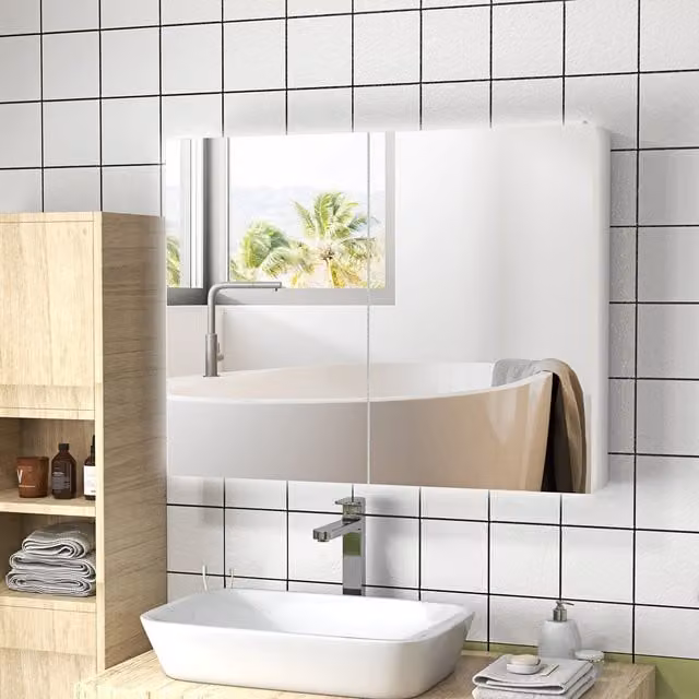 kleankin White High Gloss LED Lighted Wall Mounted Bathroom Mirror Cabinet with Internal Shelves and USB