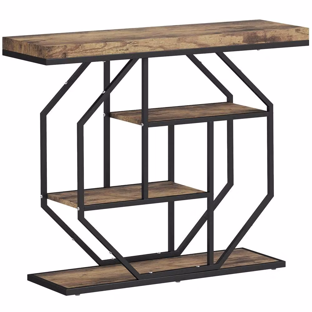 Wyld Haus Reello 4 Tier Industrial Console Table in Brown MDF and Black Metal – 2