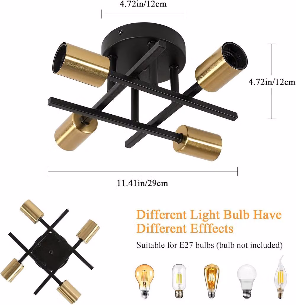 COMELY Sputnik Industrial 4-Light Ceiling Chandelier in Black and Gold/Brass with E27 Fitting – 3