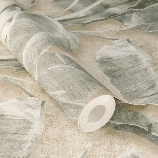 Rasch Cuba Tropical Leaves Self-Adhesive Textured Wallpaper, Green and Beige, 6.00 m x 0.53 m