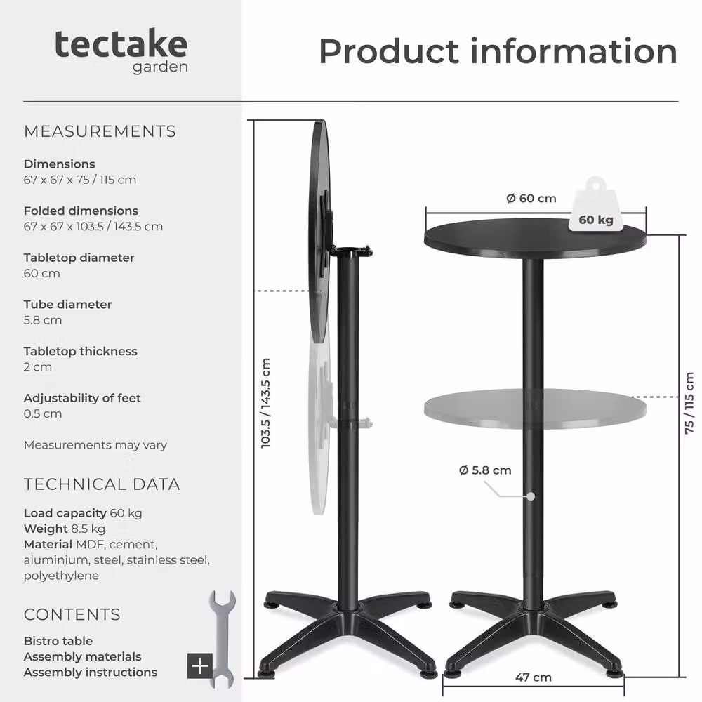 tectake Viktor Aluminum Bistro Table in Black, Foldable and Height-Adjustable, Diameter: 60 cm – 6