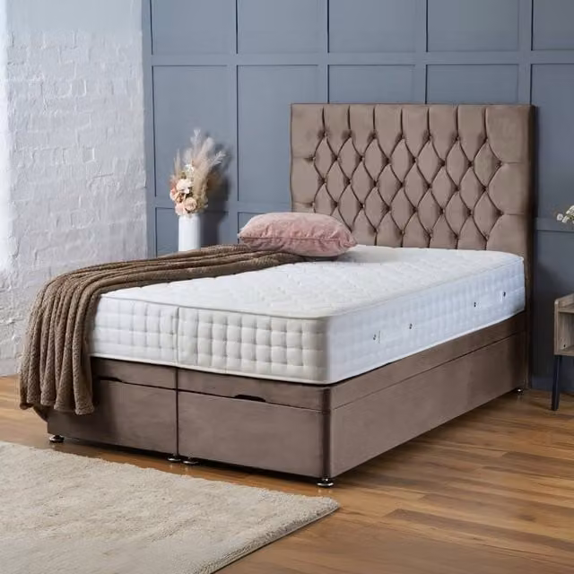 BSSPOKE Mia Ottoman Divan Bed with 54 inch Headboard and Mattress in Beige Plush Velvet, W/D/H: 140 x 200 cm