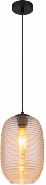 Netlighting Jefrey Slim Pendant Ceiling Light with Matt Black Metal and Amber Glass Shade, E27, H 120 cm x W 20 cm x D 20 cm