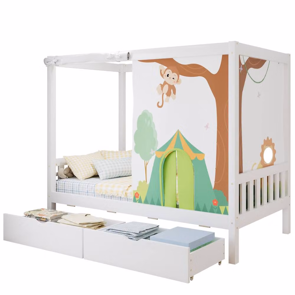 Rolipo White Wooden Single Bed with 2 Drawers and Green Canopy Curtains, W/D/H: 90 x 190 cm – 2