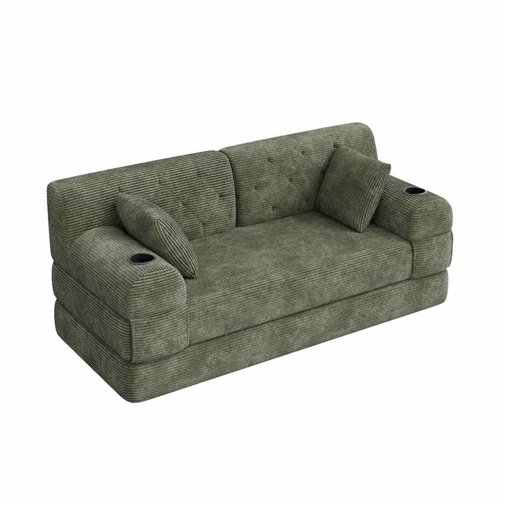 Rolipo Green Corduroy 2-Seater Sleeper Sofa with High Back and Cup Holders – 5