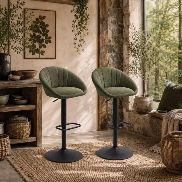 Wyld Haus Spetti Set of 2 Dark Green Fabric Tub Bar Stools with Adjustable Gas Lift and 360 Degree Swivel